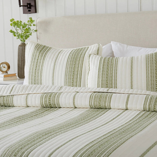 3-Piece Stripe Quilt - Wesley Collection Wesley - White/Green