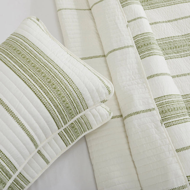 3-Piece Stripe Quilt - Wesley Collection Wesley - White/Green