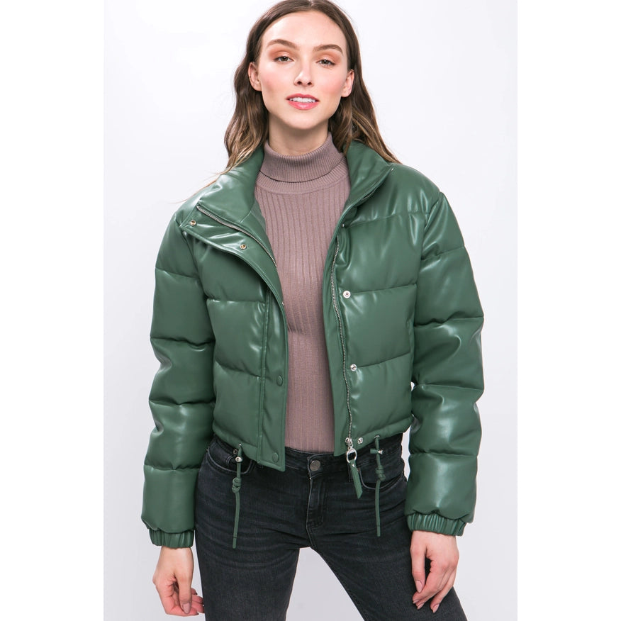 Faux Leather Puffer Jacket Green-Jacket-Faith Apparel-S-Urbanheer