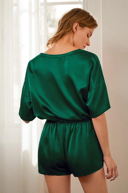 Lazy Silk Short Pajamas Emerald Green-Pajamas-MommeSilk-Urbanheer