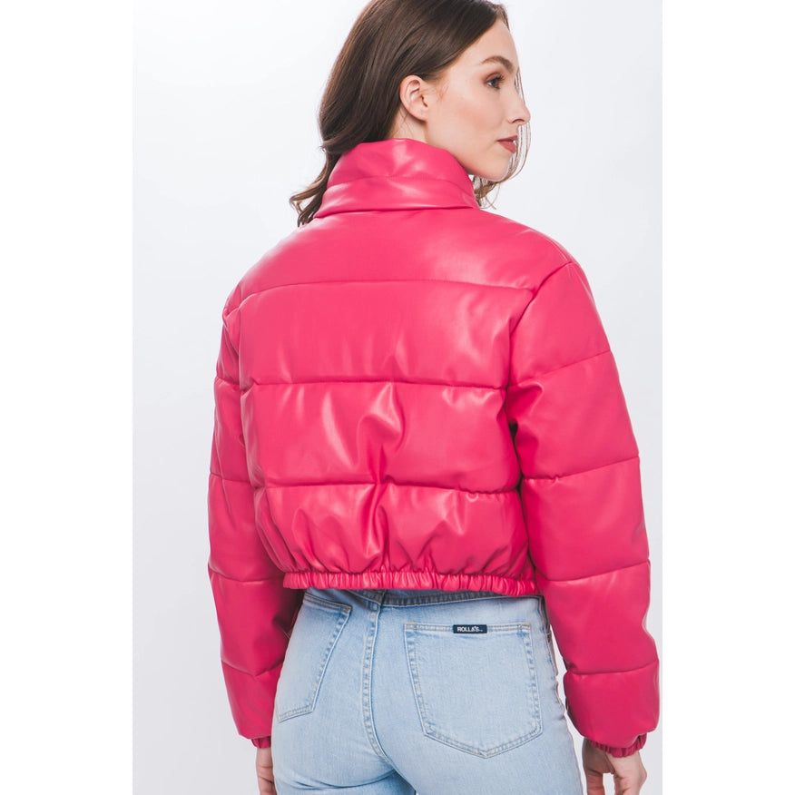 Faux Leather Puffer Jacket Fuchsia-Jacket-Faith Apparel-Urbanheer