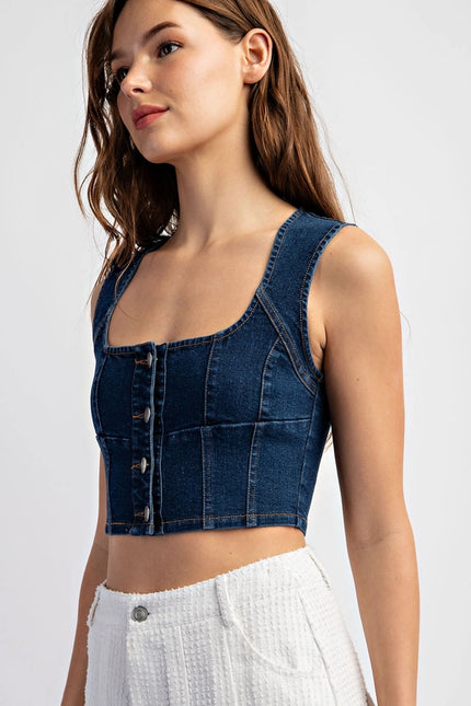 Stretch Denim Sleeveless Button Crop Top-Top-EDIT by NINE-Urbanheer