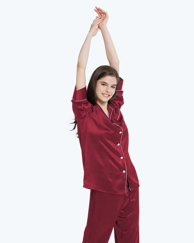 His & Hers Piped Silk Pajamas Claret-Pajamas-MommeSilk-Urbanheer