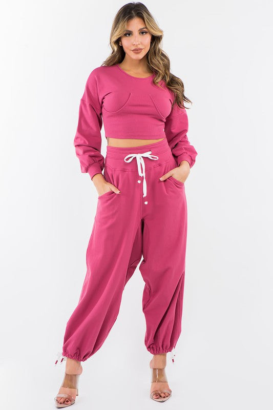 High Waisted Baggy French Terry Pants Magenta-Pants-LABIJOU-S-Urbanheer