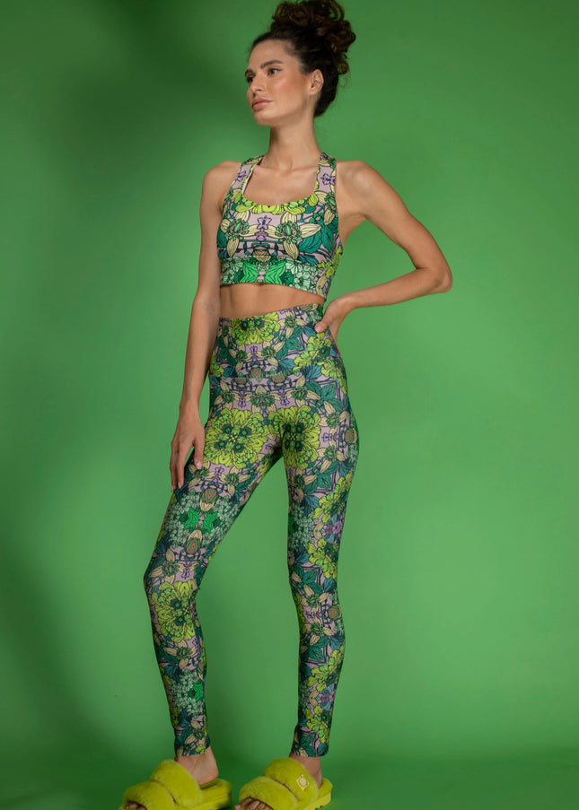 Stretchy Psychedelic Botanical Printed Green Garden Leggings-Nuvula-Urbanheer