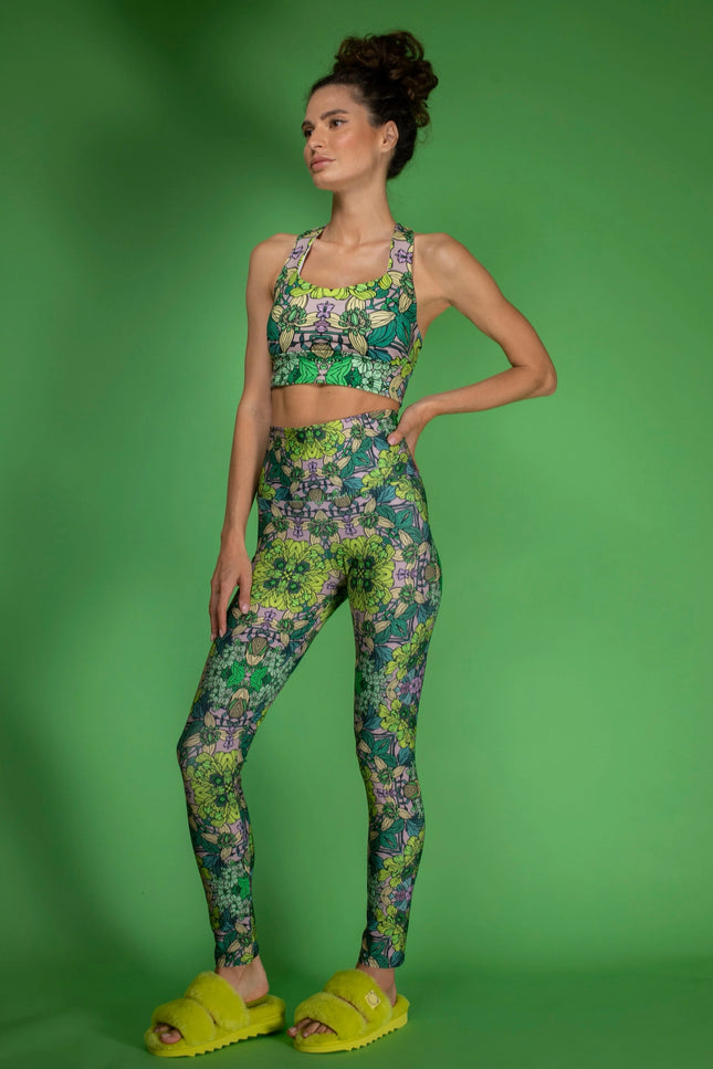 Stretchy Psychedelic Botanical Printed Green Garden Leggings-Nuvula-Urbanheer