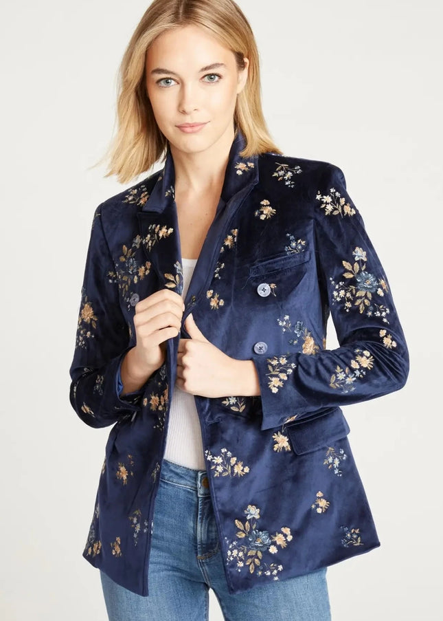 Velvet Blazer In Navy X Speck Embroidery-Clothing - Women-Driftwood-XS-Urbanheer