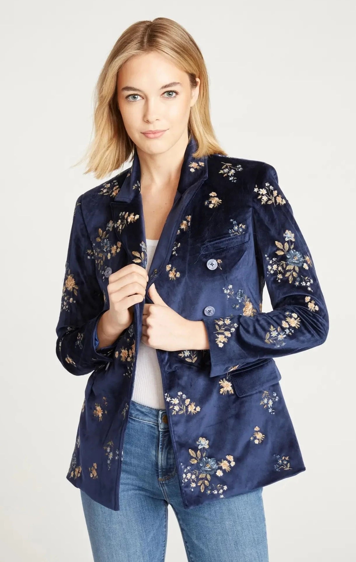 Velvet Blazer In Navy X Speck Embroidery-Clothing - Women-Driftwood-XS-Urbanheer