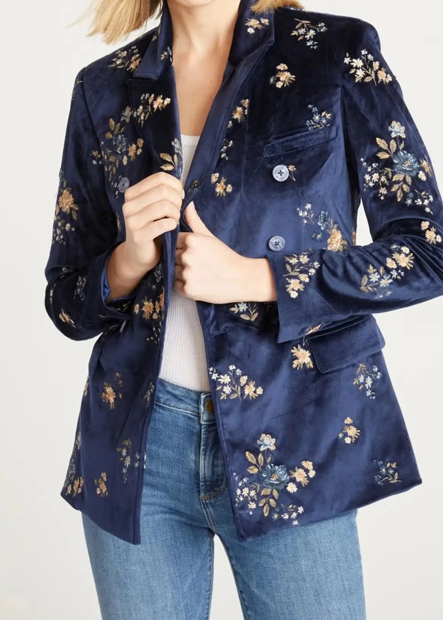 Velvet Blazer In Navy X Speck Embroidery-Clothing - Women-Driftwood-Urbanheer