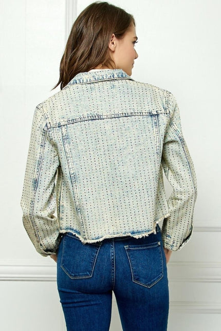 Veveret Multi Color Stripe Rhinestone Raw Hem Denim Jacket-UHX-Urbanheer