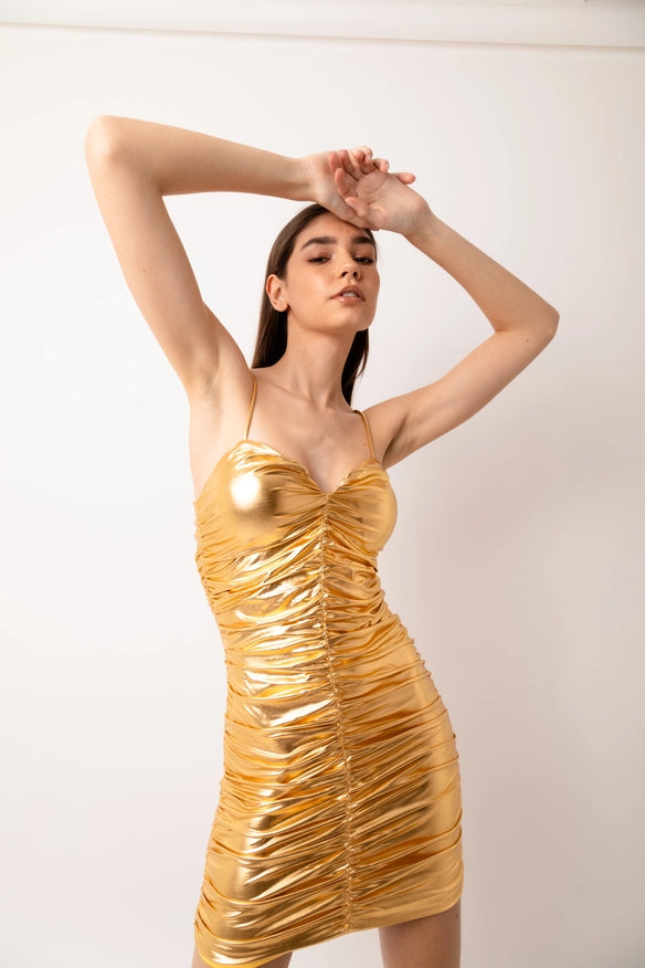 Yaya Ruched Gold Mini Dress-Dress-Amy Lynn-Gold-S-Urbanheer