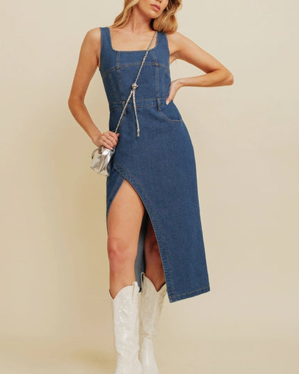 Denim Side Slit Midi Dress.-Dresses-Cloud Ten-Urbanheer