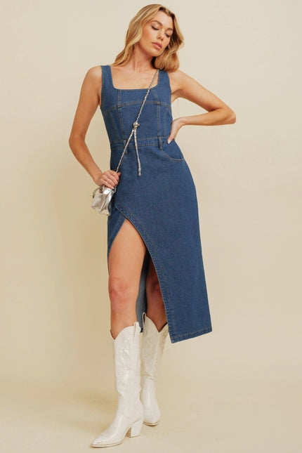 Denim Side Slit Midi Dress.-Dresses-Cloud Ten-Urbanheer