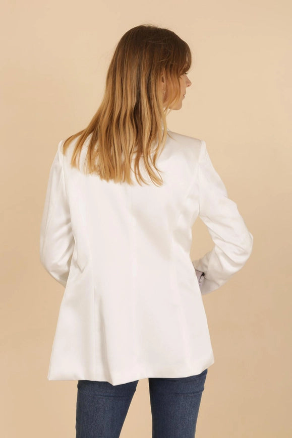 Plain Fitted Satin Jacket White-Jacket-Attentif Paris-Urbanheer