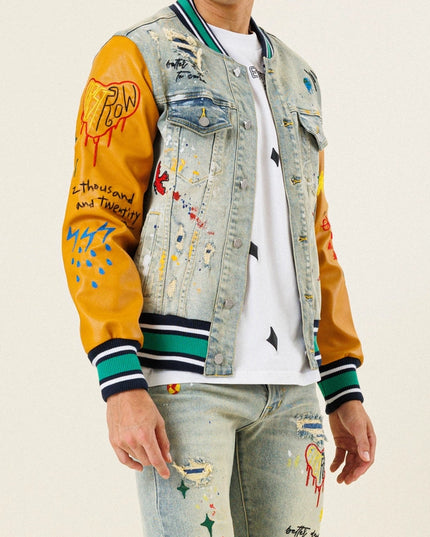 All Over Embroidered Varsity Denim Jacket-Jacket-First Row-Urbanheer