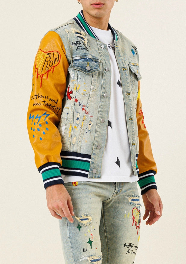 All Over Embroidered Varsity Denim Jacket-Jacket-First Row-Urbanheer