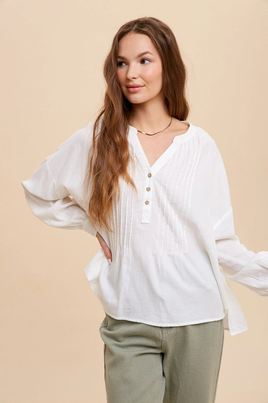 3/4 Placket Button Down with Pintuck Off-White