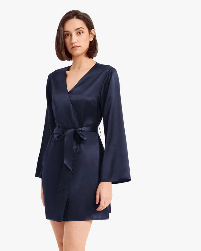 Loose Collarless Silk Navy Blue-Robe-MommeSilk-XS-Urbanheer