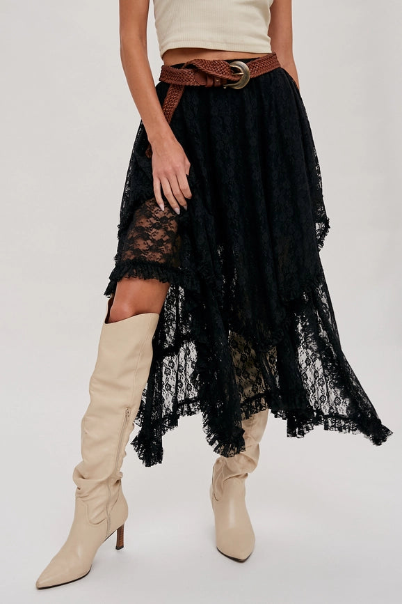 Lace Tier Midi Skirt BLACK