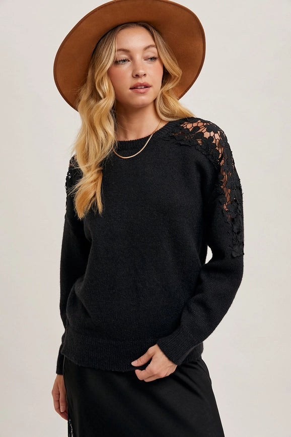 Crochet Contrast Knit Sweater Pullover Black