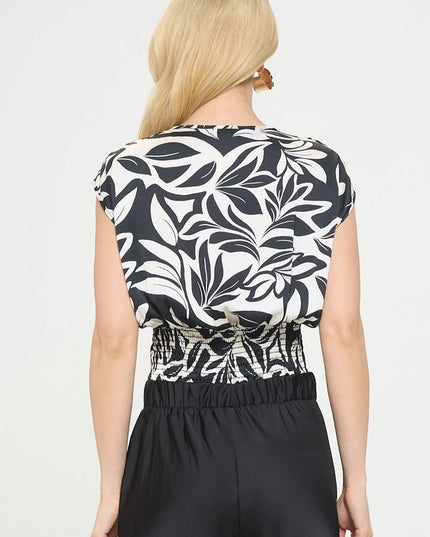 Satin Floral Print V Neck Crop Top W Smock Back-TOP-Renee C.-Urbanheer