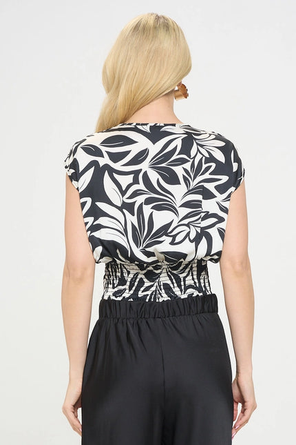 Satin Floral Print V Neck Crop Top W Smock Back-TOP-Renee C.-Urbanheer