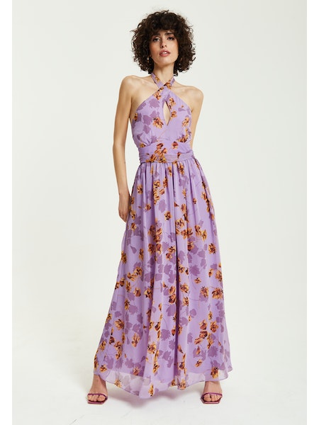 Liquorish Purple Floral Halter Neck Dress-Liquorish-Urbanheer