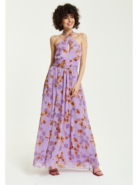 Liquorish Purple Floral Halter Neck Dress-Liquorish-Urbanheer