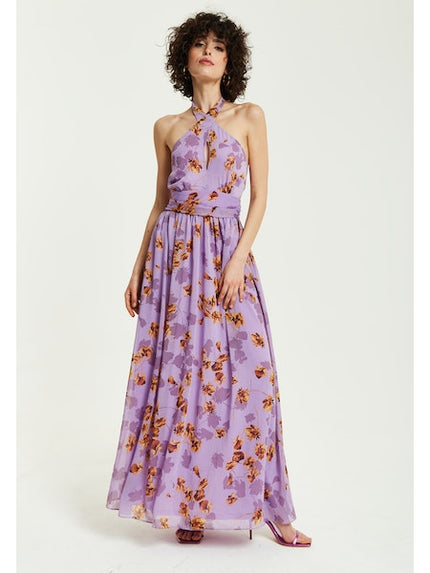 Liquorish Purple Floral Halter Neck Dress-Liquorish-Urbanheer