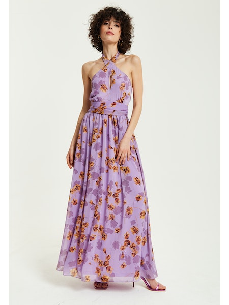 Liquorish Purple Floral Halter Neck Dress-Liquorish-Urbanheer