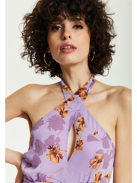 Liquorish Purple Floral Halter Neck Dress-Liquorish-Urbanheer