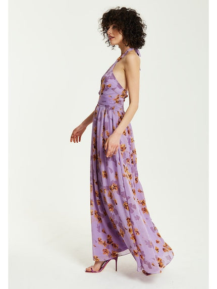 Liquorish Purple Floral Halter Neck Dress-Liquorish-Urbanheer