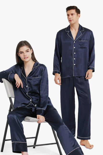 His & Hers Piped Silk Pajamas Navy Blue-Pajamas-MommeSilk-Urbanheer