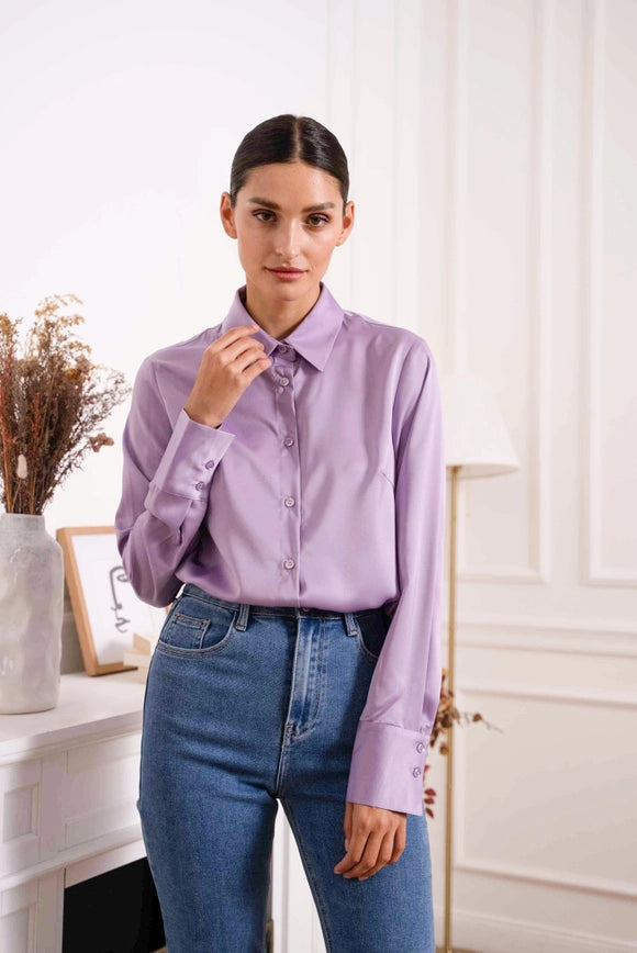 Plain Satin Shirt with Lapel Collar Lilac-SHIRT-Attentif Paris-Urbanheer