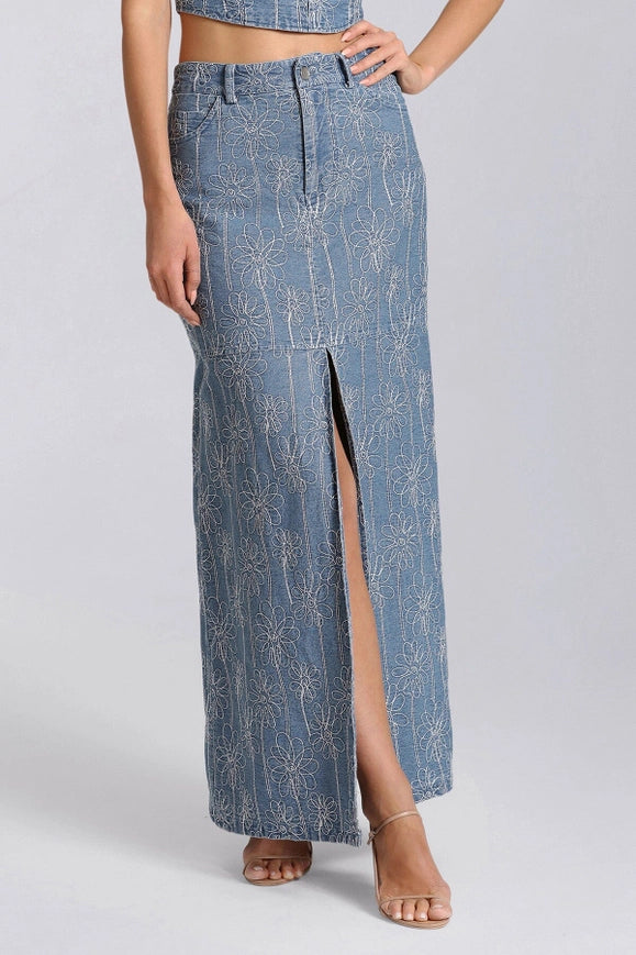 Embroidered Denim Maxi Skirt-Skirt-Avec Les Filles-Urbanheer