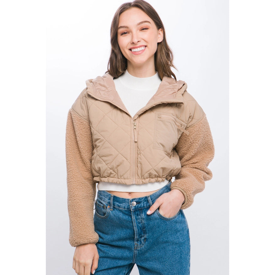 Diagonal Quilt Cropped Sherpa Arm Zip Up Jacket Khaki-Jacket-Pink Irene Wholesale-Urbanheer