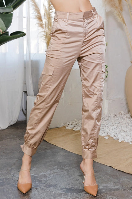 Cotton Satin Cargo Pants High Waisted Khaki-Pants-LABIJOU-Urbanheer