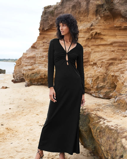 Ruched Key Hole Maxi Dress - Black-Dress-Sofia Irina-8-Urbanheer