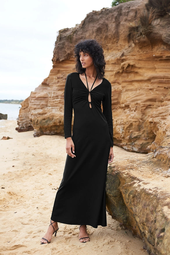 Ruched Key Hole Maxi Dress - Black-Dress-Sofia Irina-8-Urbanheer