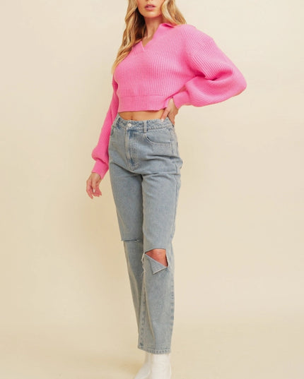 Ribbed Cropped Polo Sweater.-Sweater-Cloud Ten-Urbanheer