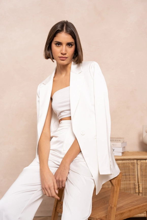 Satin Plain Fitted Jacket White-Jacket-Attentif Paris-Urbanheer