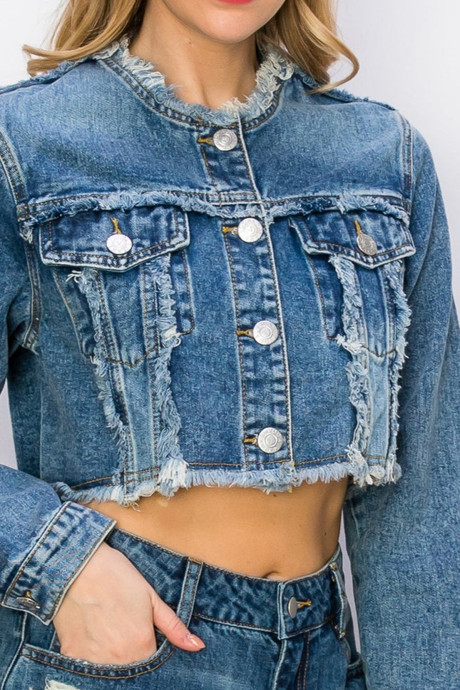 Distressed Frayed Cropped Denim Jacket-Clothing Women Jackets-Vocal-Urbanheer