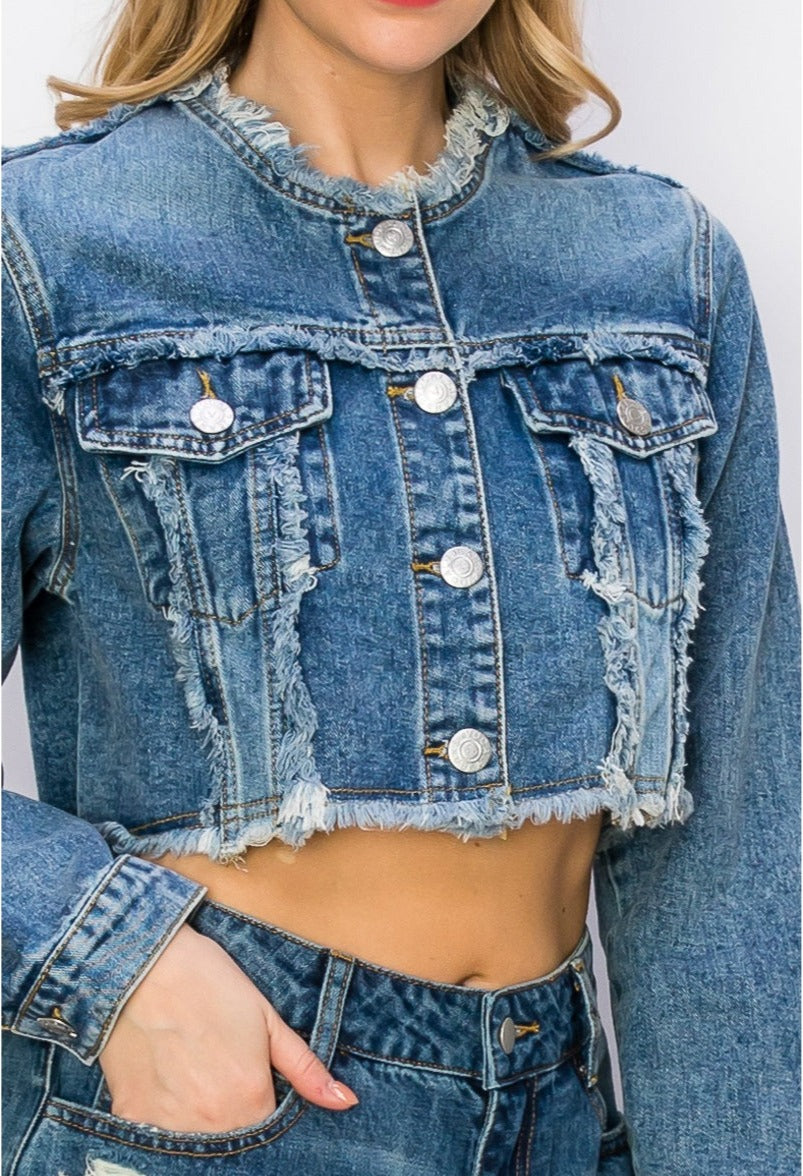 Distressed Frayed Cropped Denim Jacket-Clothing Women Jackets-Vocal-Urbanheer