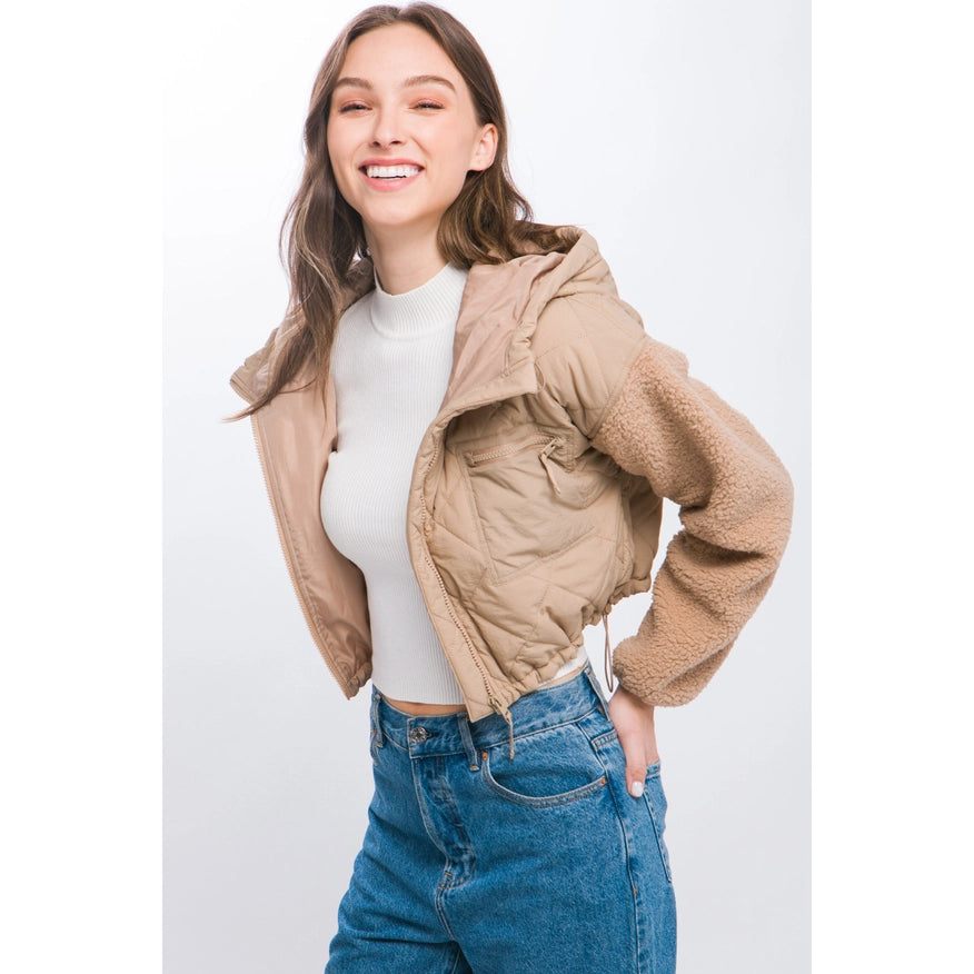 Diagonal Quilt Cropped Sherpa Arm Zip Up Jacket Khaki-Jacket-Pink Irene Wholesale-S-Urbanheer