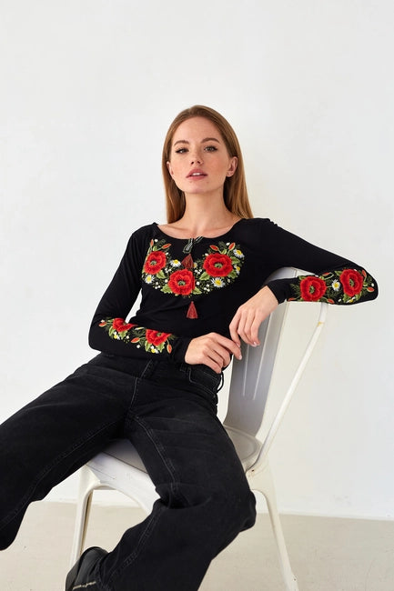 Embroidered Sweater Crimson Poppies Black-Clothing - Women-Handmade Originals Ukraine-Urbanheer