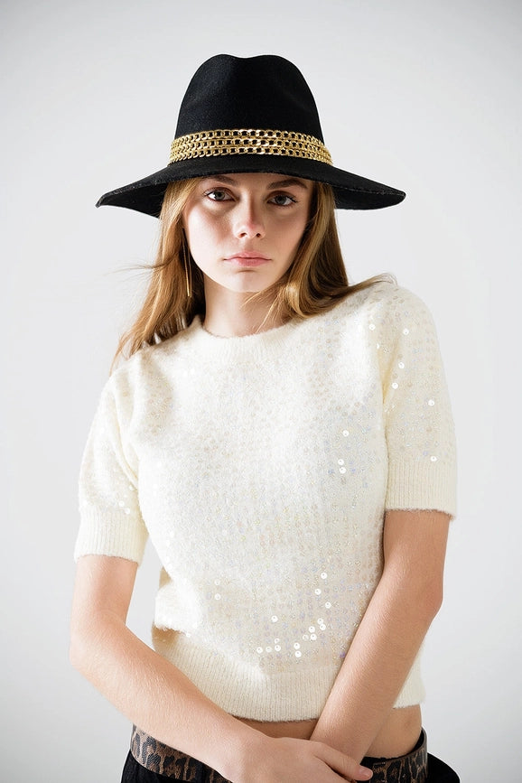 Cream Short Sleeve Sequin Sweater