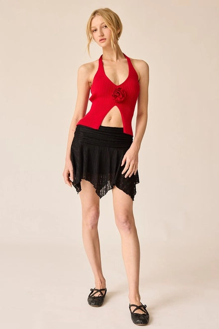 Madelyn Rosette Halter Rib Knit Top Red-TOP-Papermoon-Urbanheer