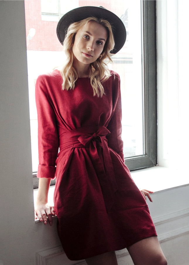 Burgundy Wrap Linen Belted Bridesmaid Dress-Clothing - Women-Nich Linen-Urbanheer