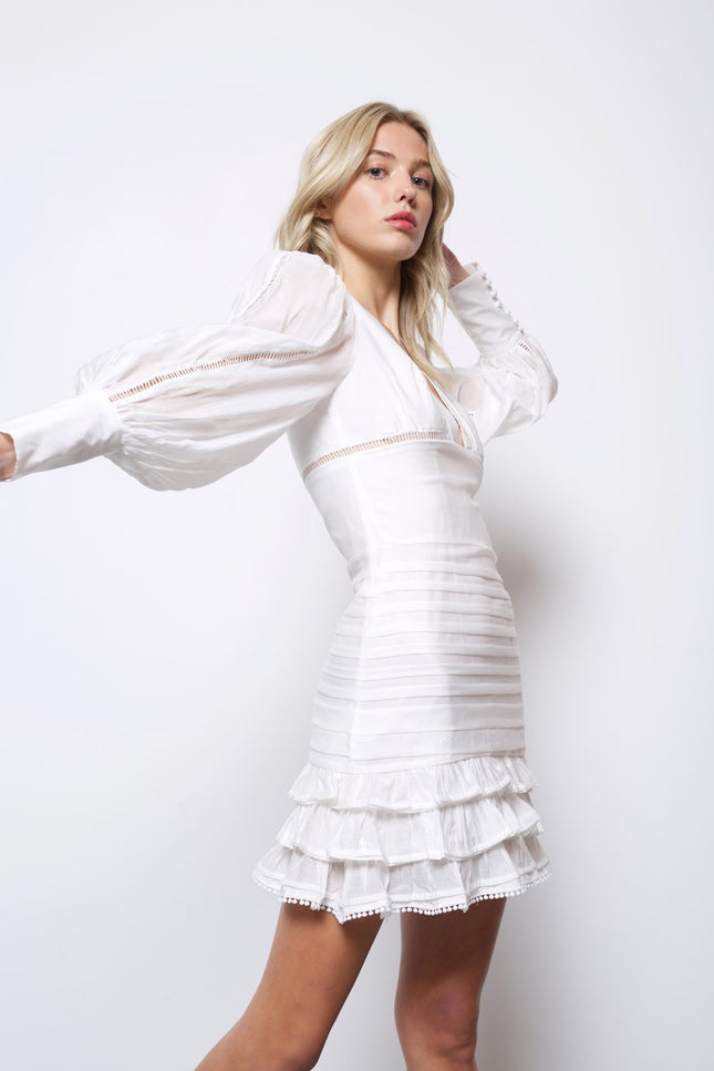Monterey Plunge Neck Long Sleeve Mini Dress-Clothing - Women-Amy Lynn-S-White-Urbanheer