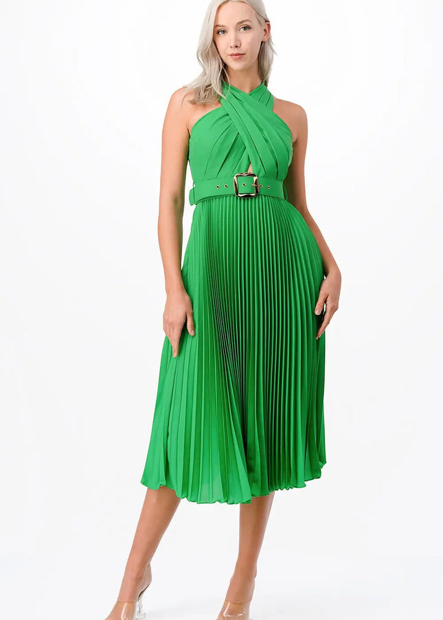 Cross Over Pleats Midi Dress- Green-Clothing - Women-Neon Blush-Urbanheer